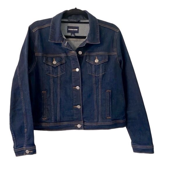 Lands’ End classic jean jacket with stretch dark Wash EUC size L - Picture 1 of 10